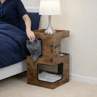 Multi-Function Wooden Cat Condo House - Side Table & Cat Tree Tower with Scratching Pad